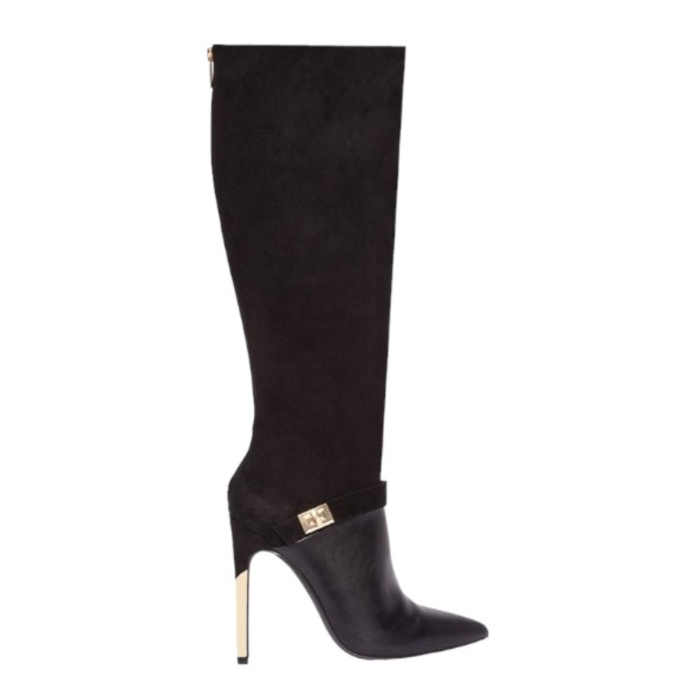 JustFab Toyah Black Metallic Gold Pointed Toe Stiletto Heel Boot Size 7.5